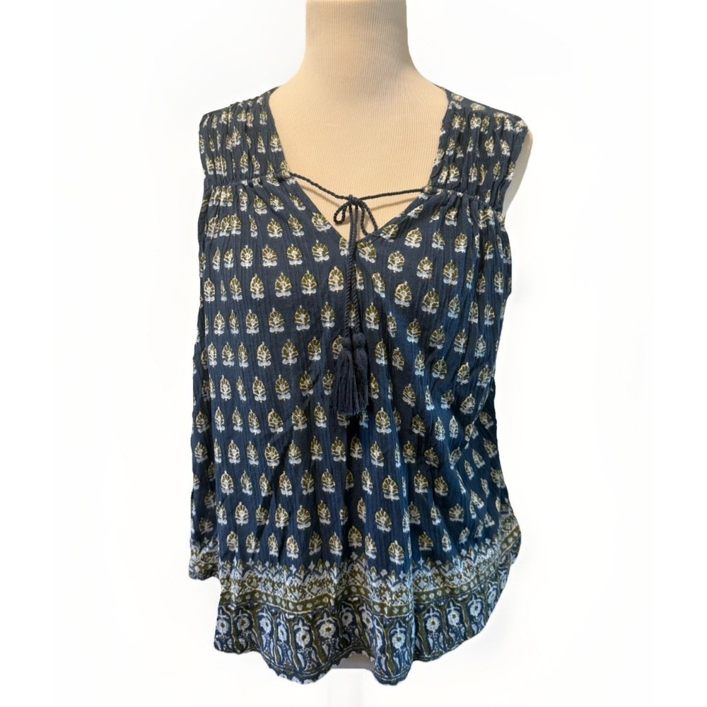 LUCKY BRAND Trendy Printed Lace-Up Top, Sleeveless Blouse, Size Large